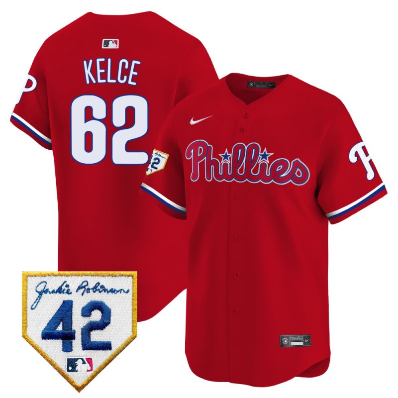 jason kelce 62 philadelphia phillies 2024 jackie robinson patch men jersey red