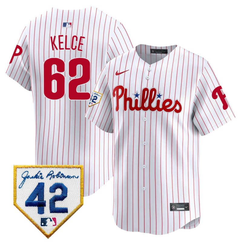 jason kelce 62 philadelphia phillies 2024 jackie robinson patch men jersey white