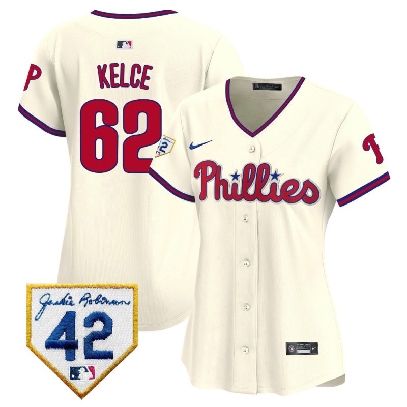 jason kelce 62 philadelphia phillies 2024 jackie robinson patch women jersey cream