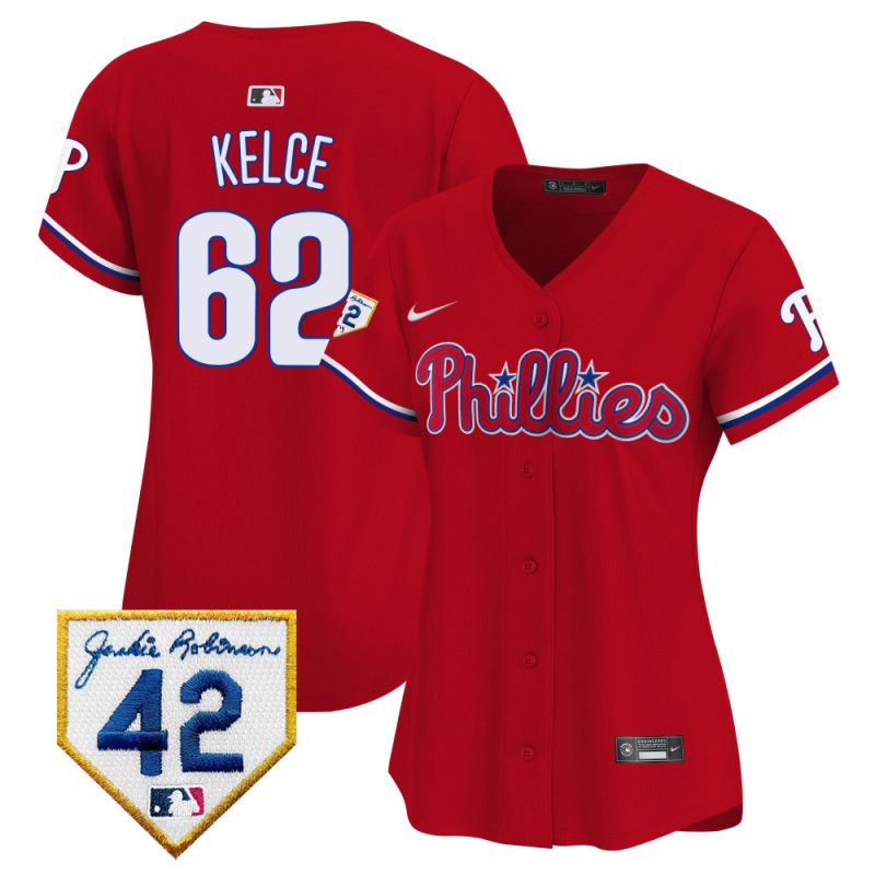 jason kelce 62 philadelphia phillies 2024 jackie robinson patch women jersey red