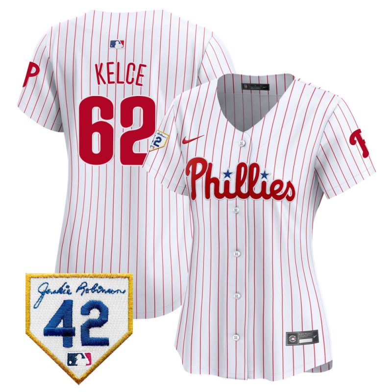 jason kelce 62 philadelphia phillies 2024 jackie robinson patch women jersey white