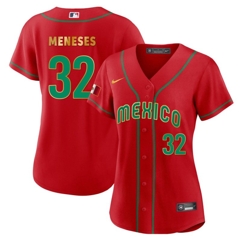 joey meneses 32 mexico 2023 baseball jersey red gold trim