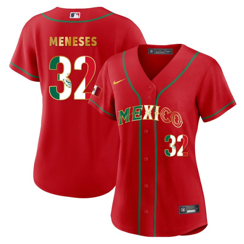 joey meneses 32 mexico 2023 flag baseball jersey red gold