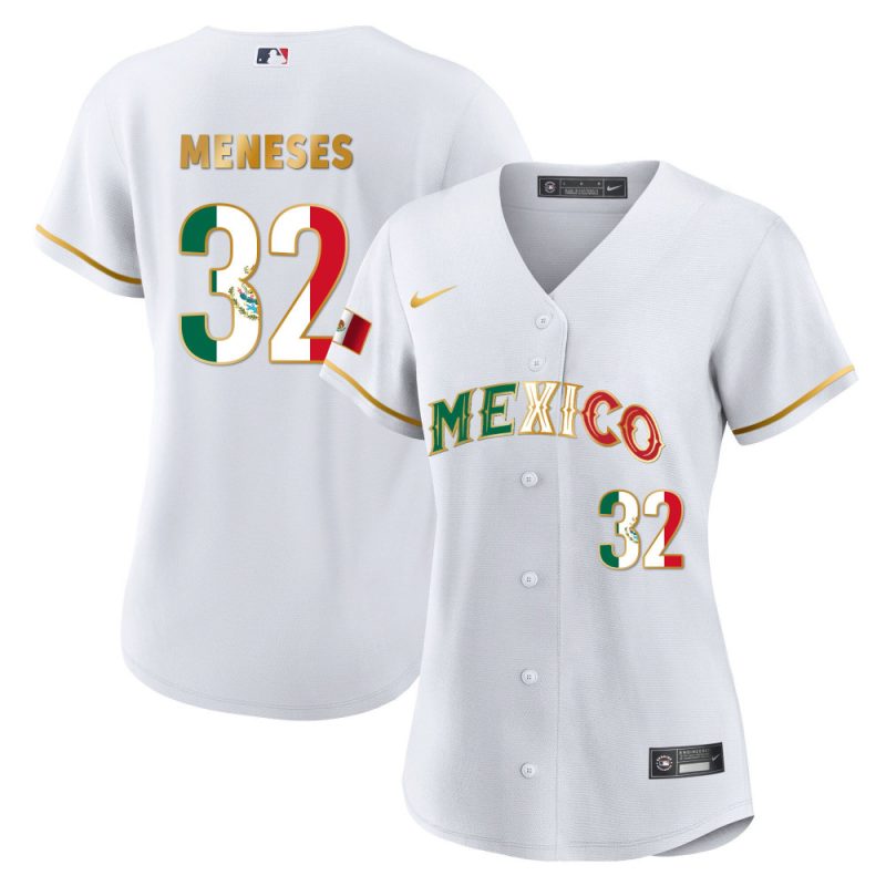 joey meneses 32 mexico 2023 flag baseball jersey white gold