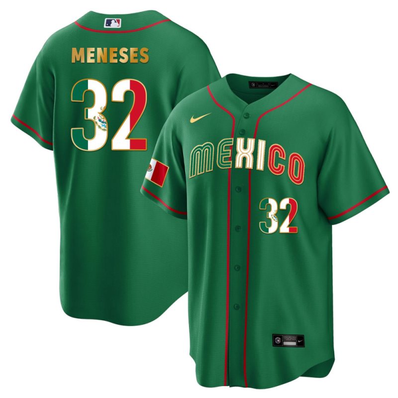 joey meneses 32 mexico 2023 flag baseball men jersey green gold