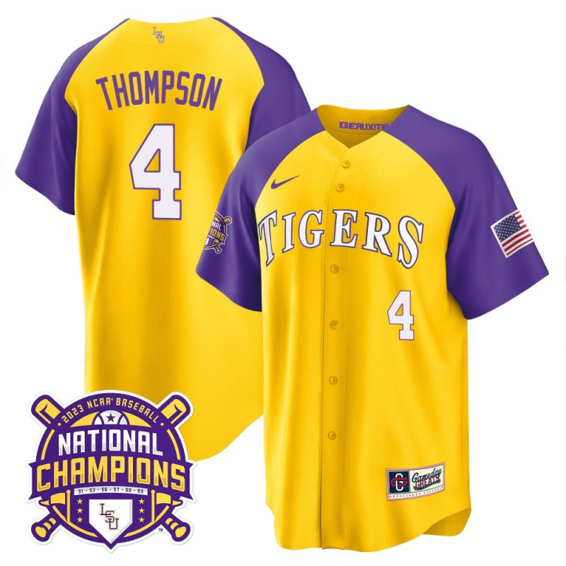 jordan thompson 4 lsu tigers 2023 color sleeves champions baseball men jersey gold alternate