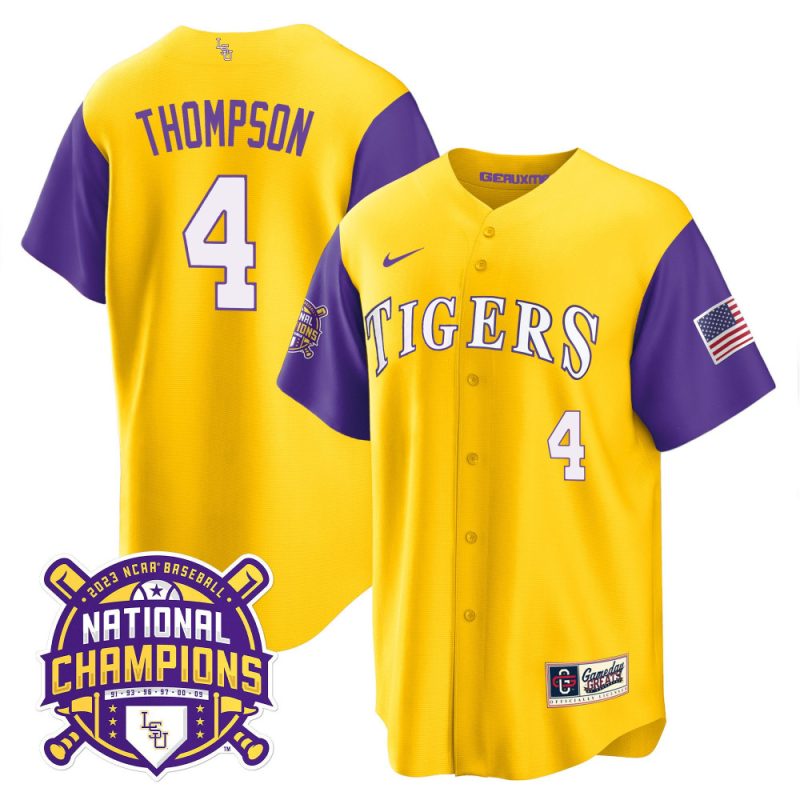 jordan thompson 4 lsu tigers 2023 color sleeves champions baseball men jersey gold sleeves