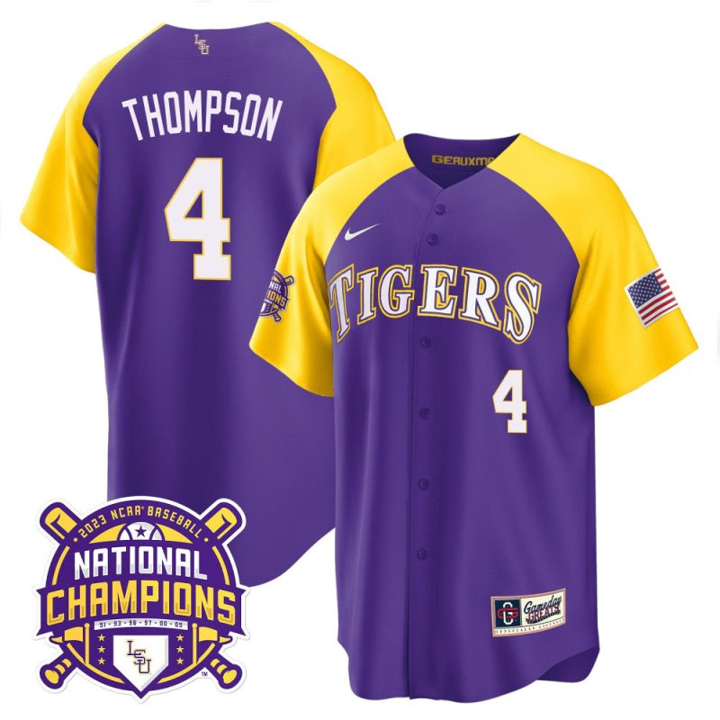 jordan thompson 4 lsu tigers 2023 color sleeves champions baseball men jersey purple alternate