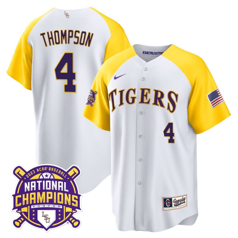 jordan thompson 4 lsu tigers 2023 color sleeves champions baseball men jersey white alternate