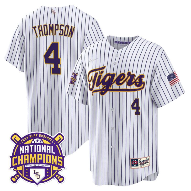 jordan thompson 4 lsu tigers 2023 national champions baseball men jersey pinstripe