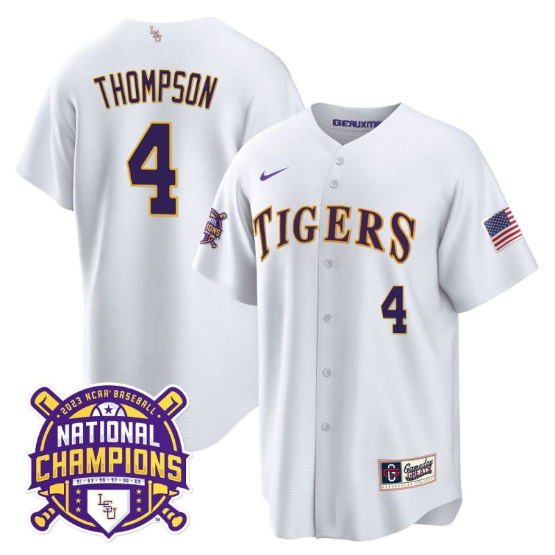 jordan thompson 4 lsu tigers 2023 national champions baseball men jersey white