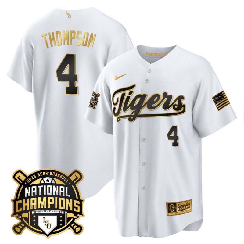 jordan thompson 4 lsu tigers 2023 national champions baseball men jersey white gold