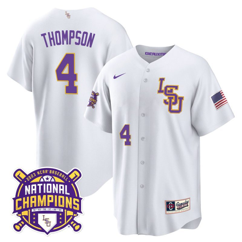 jordan thompson 4 lsu tigers 2023 national champions baseball men jersey white lsu