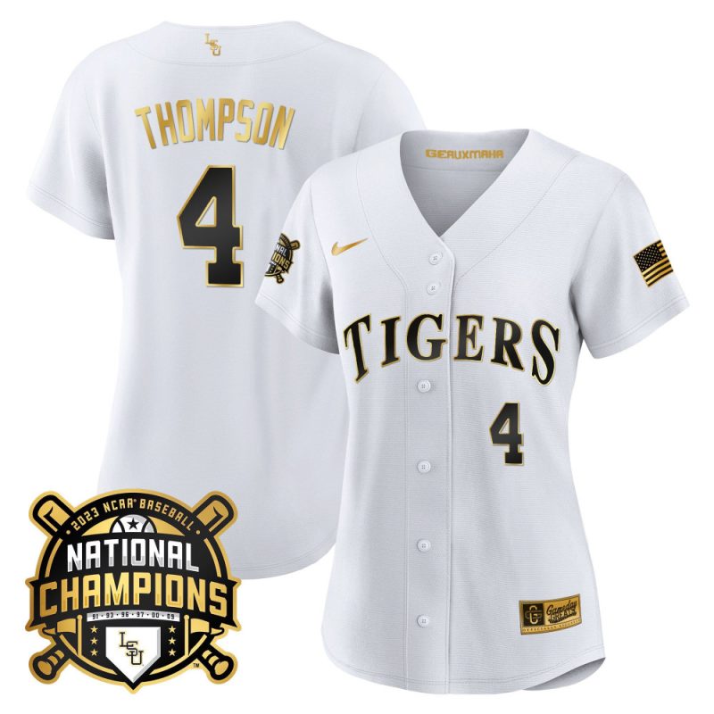 jordan thompson 4 lsu tigers 2023 national champions baseball women jersey white gold