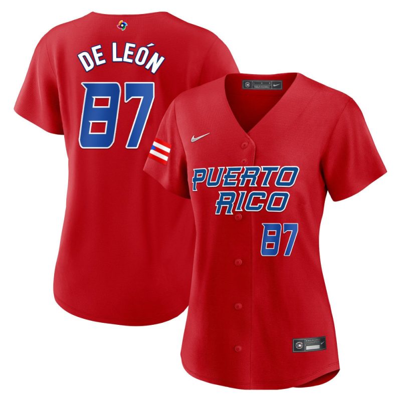 jose de leon 87 puerto rico 2023 world baseball classic baseball women jersey red