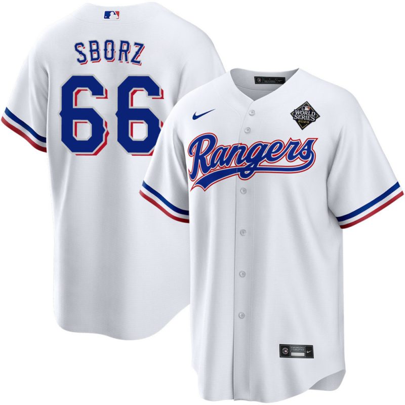 josh sborz 66 texas rangers 2023 world series stitched baseball jersey white