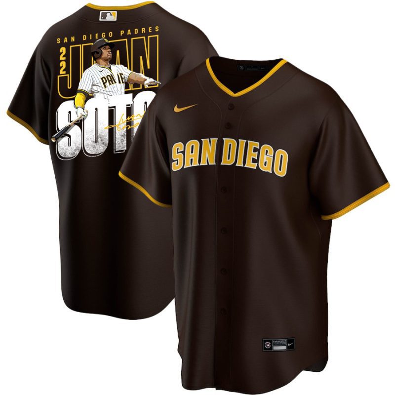 juan soto 22 san diego padres signed posture 2023 alternate player men jersey brown