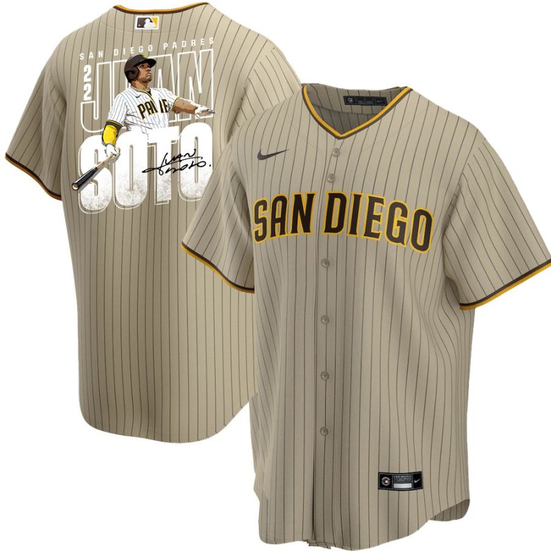 juan soto 22 san diego padres signed posture 2023 alternate player men jersey tan