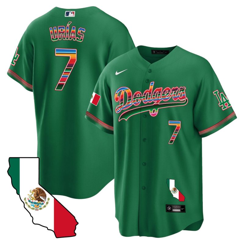 julio urias 7 los angeles dodgers mexico california map baseball men jersey green