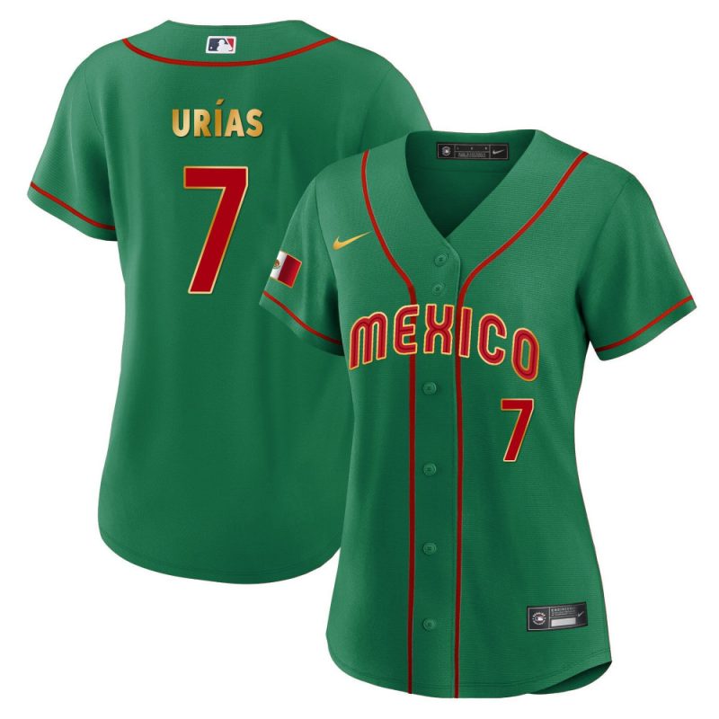 julio urias 7 mexico 2023 baseball jersey green gold trim