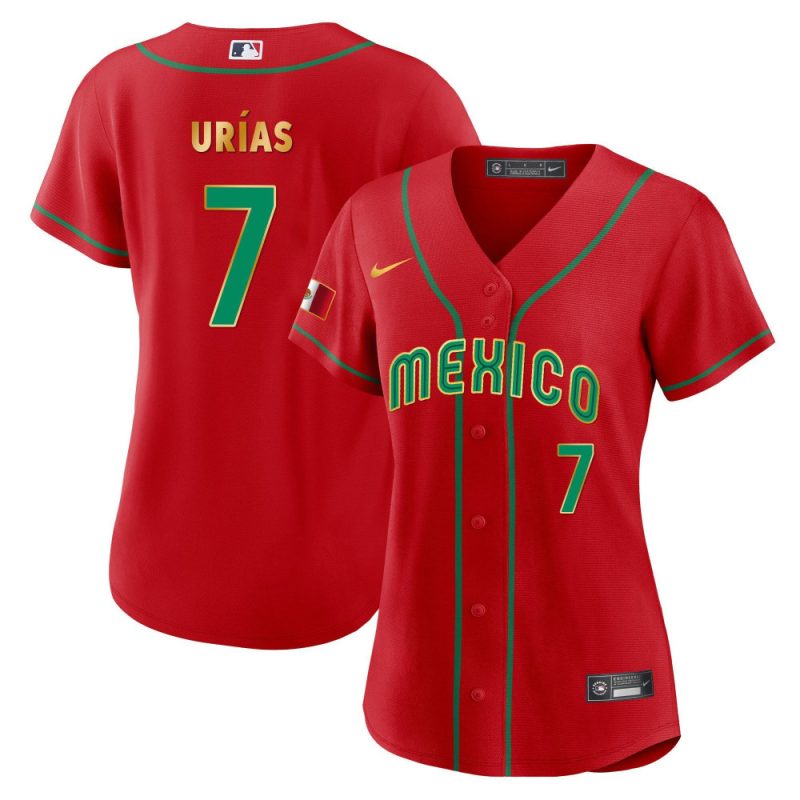 julio urias 7 mexico 2023 baseball jersey red gold trim