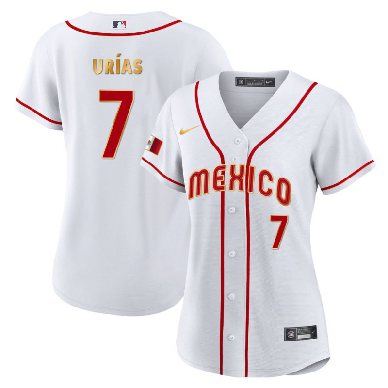 julio urias 7 mexico 2023 baseball jersey white gold trim