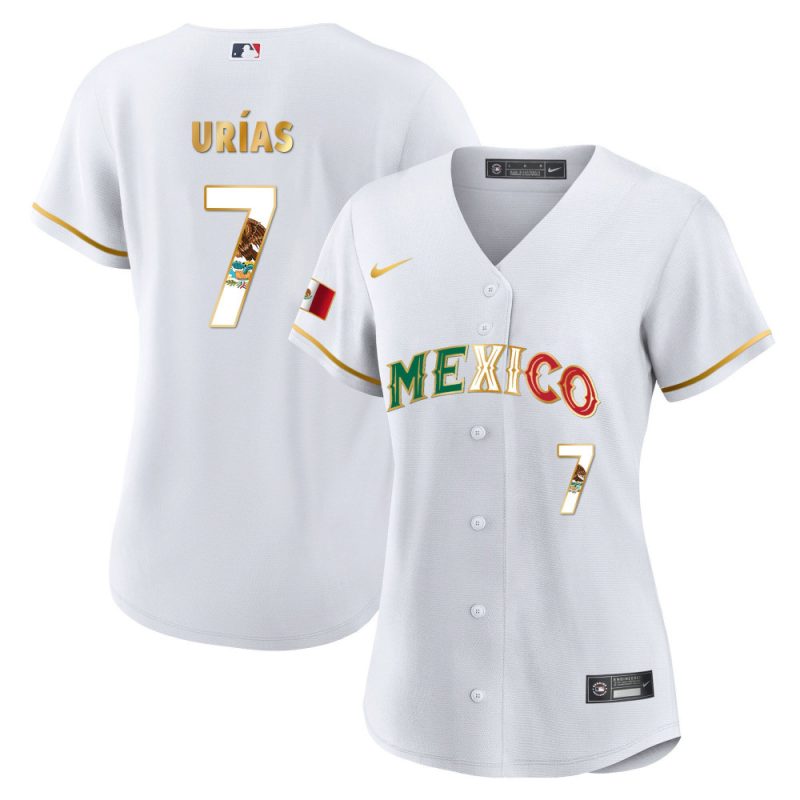 julio urias 7 mexico 2023 flag baseball jersey white gold