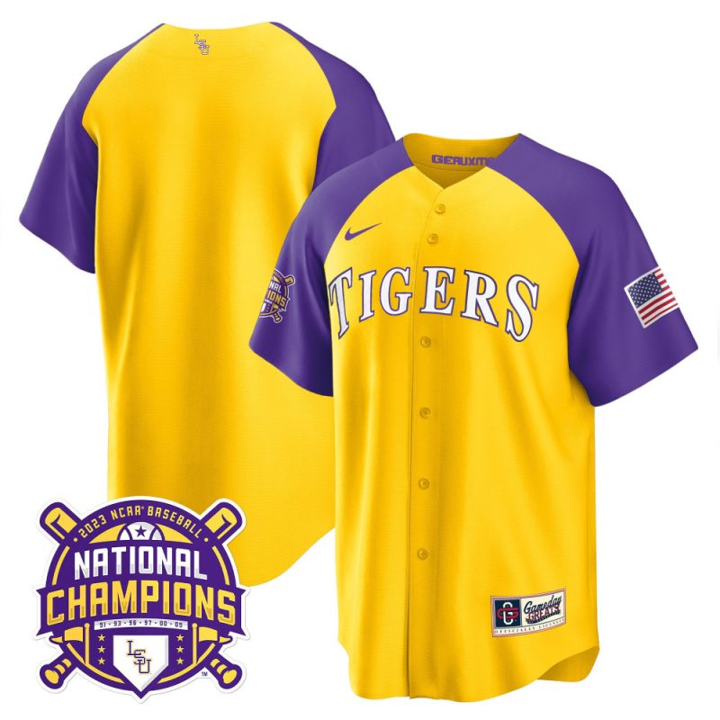 lsu tigers 2023 color sleeves champions baseball men jersey gold alternate