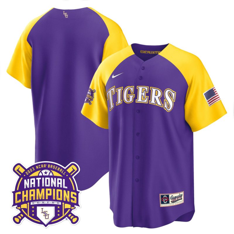 lsu tigers 2023 color sleeves champions baseball men jersey purple alternate