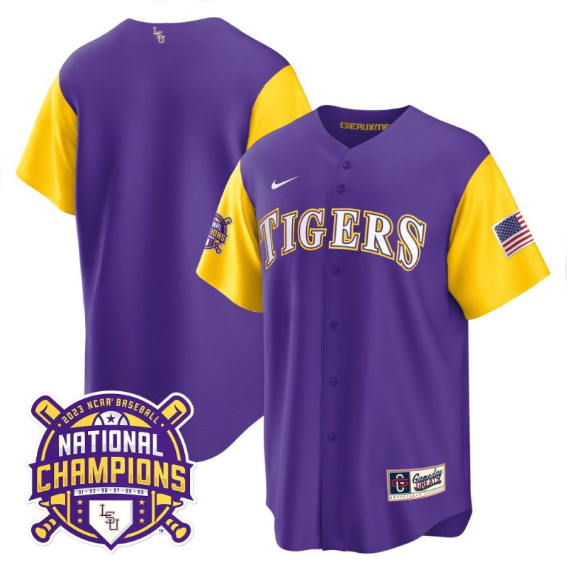 lsu tigers 2023 color sleeves champions baseball men jersey purple sleeves