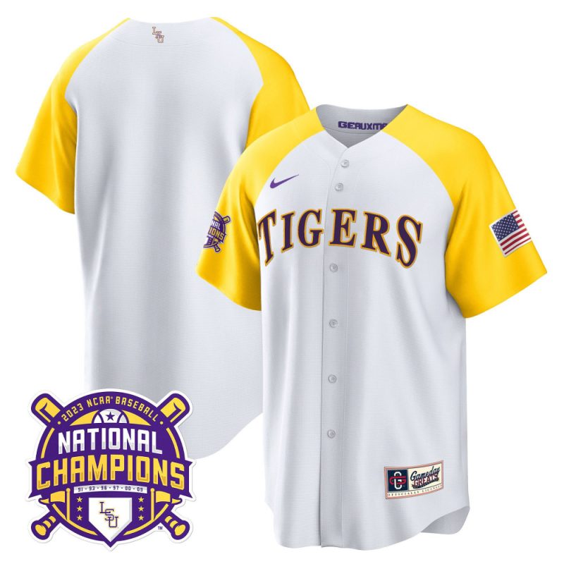 lsu tigers 2023 color sleeves champions baseball men jersey white alternate