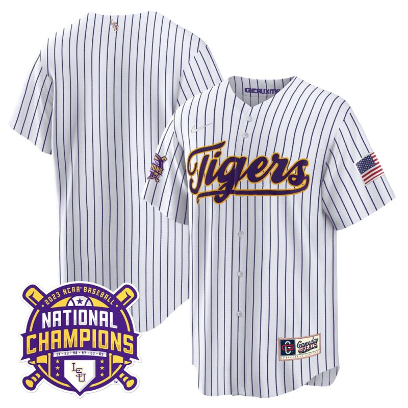 lsu tigers 2023 national champions baseball men jersey pinstripe