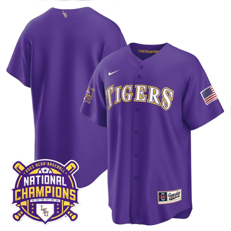 lsu tigers 2023 national champions baseball men jersey purple