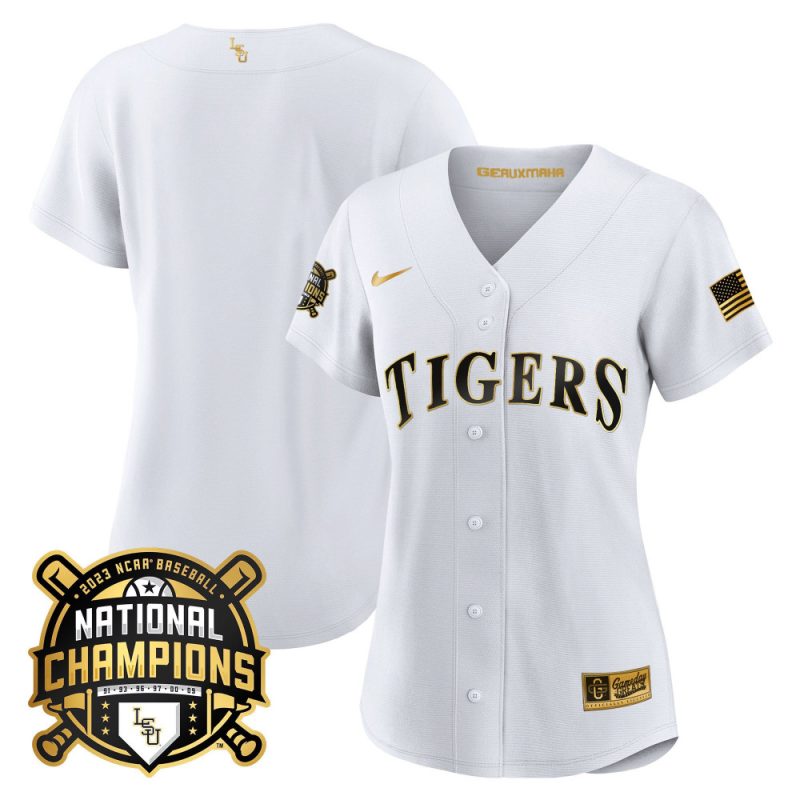 lsu tigers 2023 national champions baseball women jersey white gold