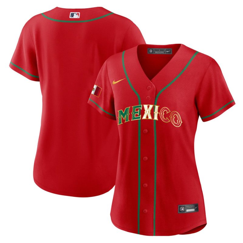 mexico 2023 flag baseball jersey red gold