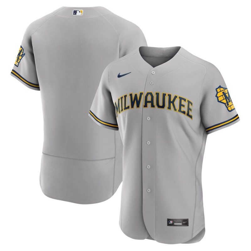 milwaukee brewers road team logo elite jersey gray