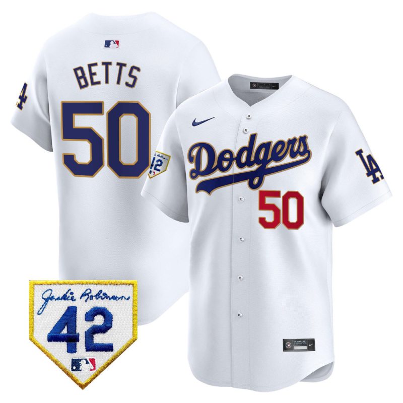 mookie betts 50 los angeles dodgers 2024 jackie robinson patch men jersey white