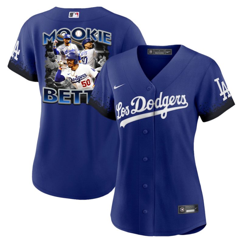 mookie betts 50 los angeles dodgers posture 2023 city connect player women jersey royal