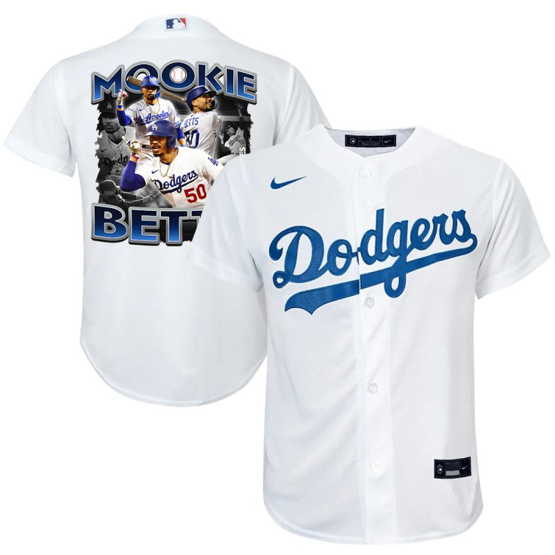 mookie betts 50 los angeles dodgers posture 2023 home player youth jersey white