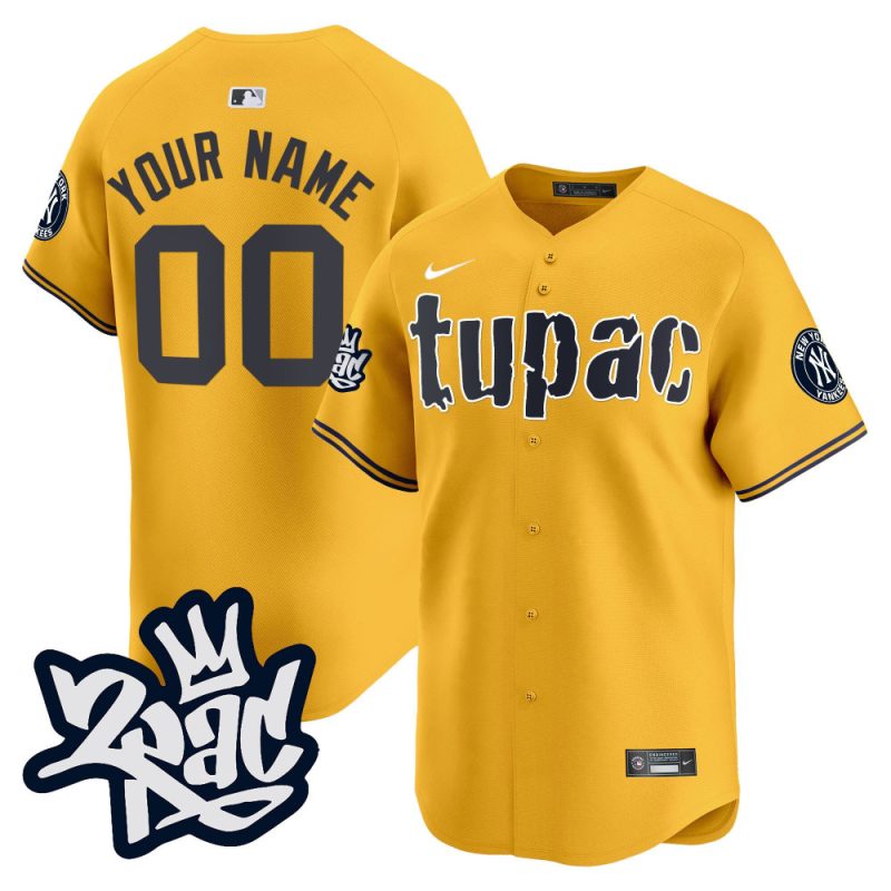 new york yankees tupac shakur custom men jersey gold