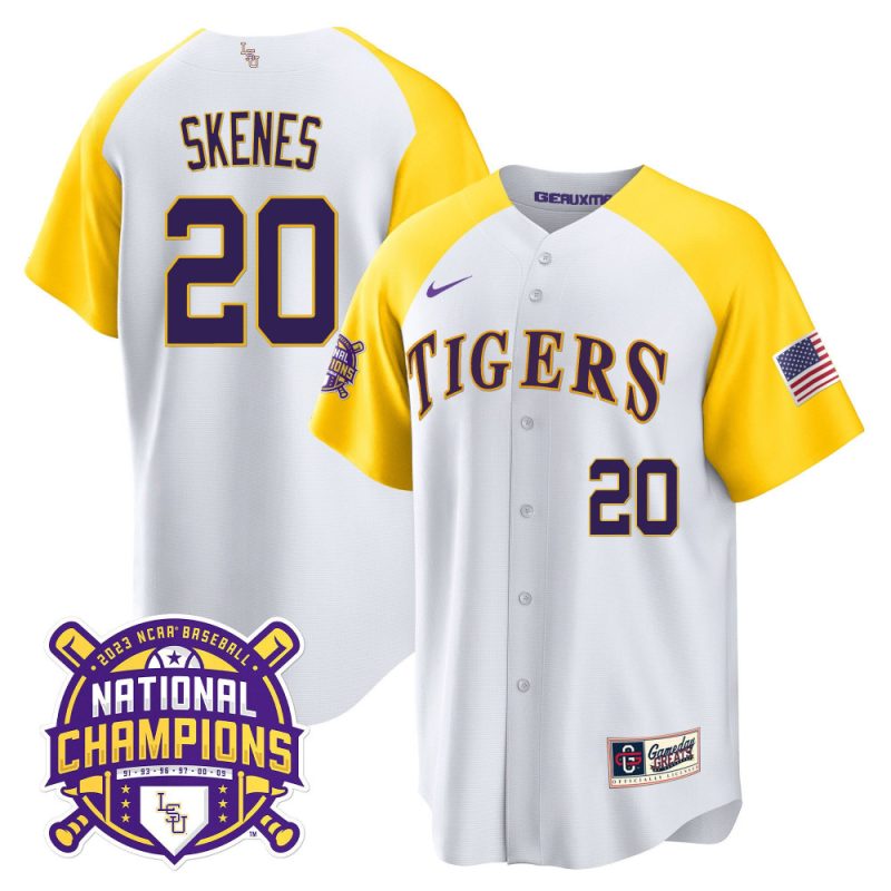 paul skenes 20 lsu tigers 2023 color sleeves champions baseball men jersey white alternate