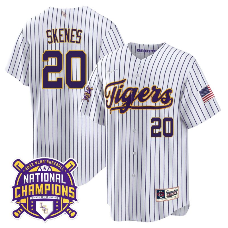 paul skenes 20 lsu tigers 2023 national champions baseball men jersey pinstripe