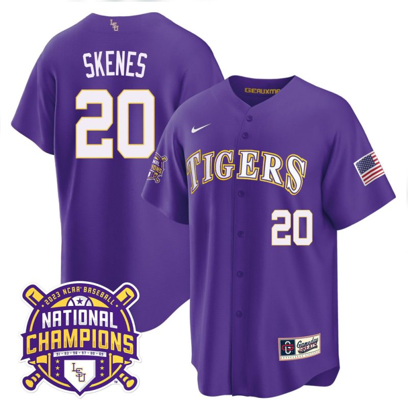 paul skenes 20 lsu tigers 2023 national champions baseball men jersey purple