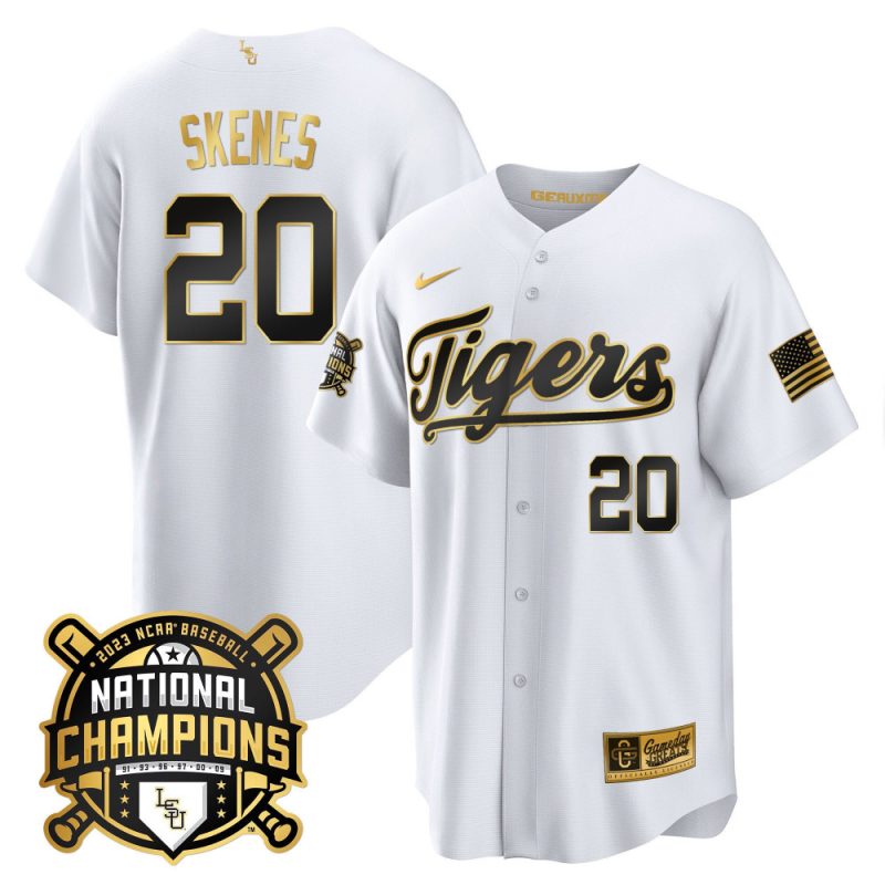 paul skenes 20 lsu tigers 2023 national champions baseball men jersey white gold