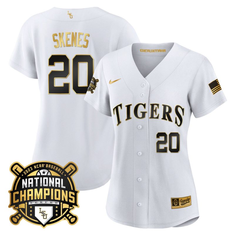 paul skenes 20 lsu tigers 2023 national champions baseball women jersey white gold