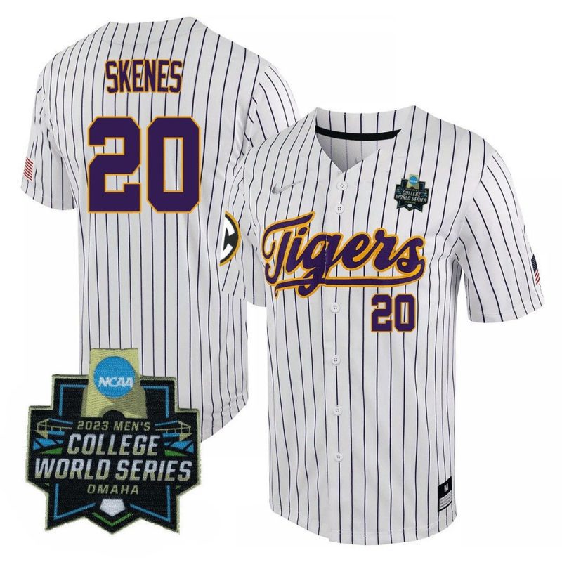 paul skenes 20 lsu tigers college world series baseball men jersey white pinstripe