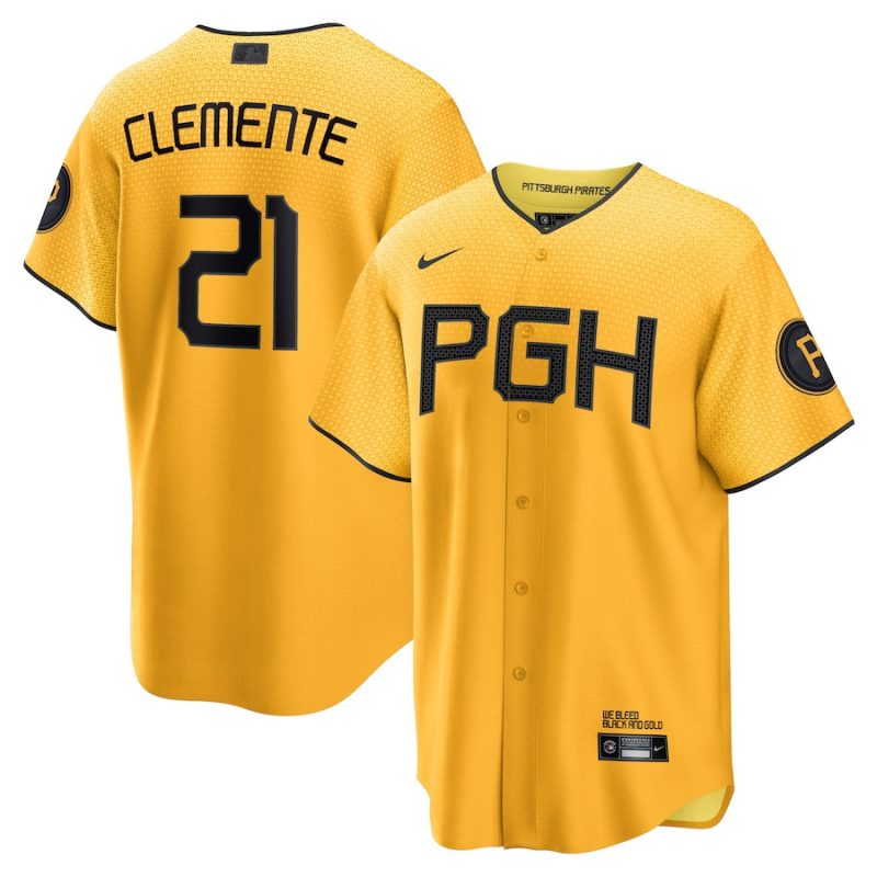 roberto clemente 21 pittsburgh pirates city connect men player jersey gold