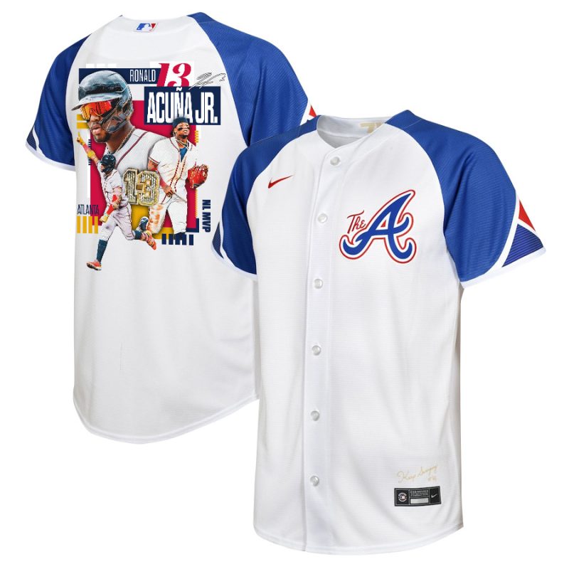 ronald acuna jr 13 atlanta braves signed mvp 2023 city connect player youth jersey white blue