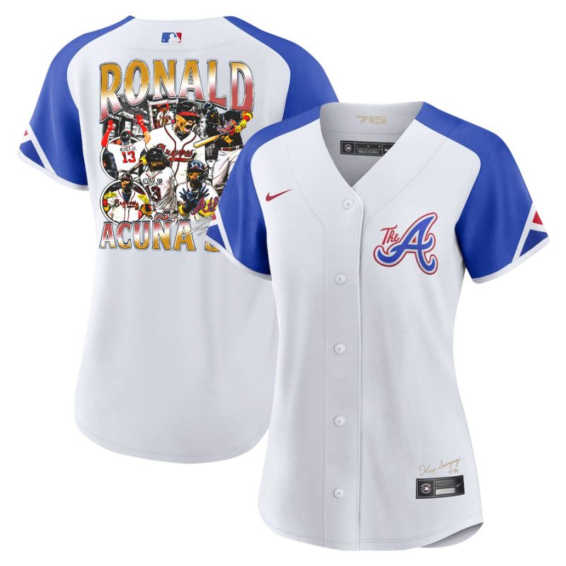 ronald acuna jr 13 atlanta braves signed posture 2023 city connect player women jersey white blue