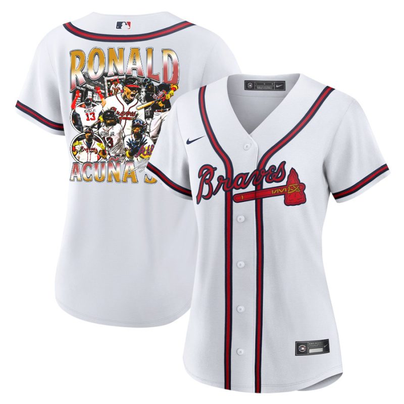 ronald acuna jr 13 atlanta braves signed posture 2023 home player women jersey white red